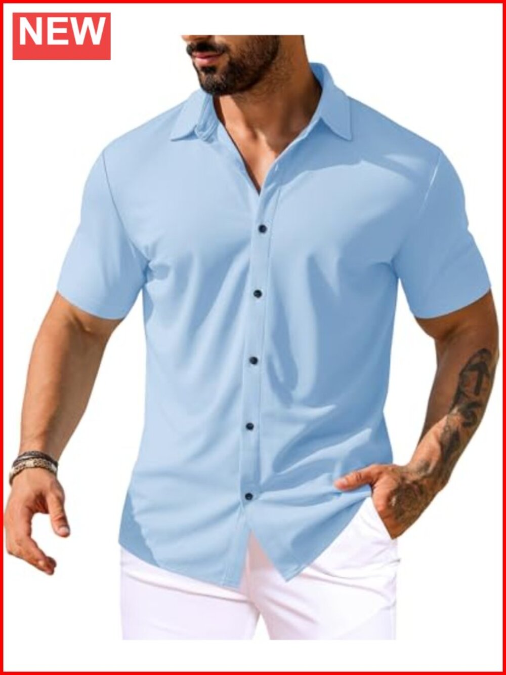 Men's Muscle Button Down Short Sleeve Stretch Slim Fit Wrinkle Free Dress Shirt